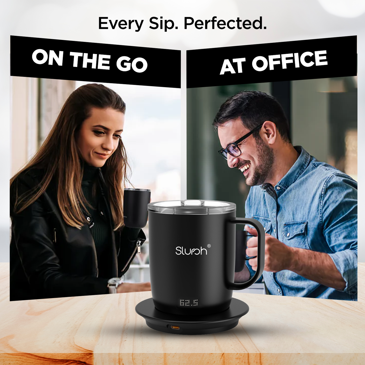 Slursh temperature control smart mug with a brand logo, on a wooden surface, surrounded by text about usage scenarios.
